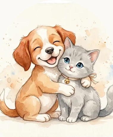 Ilustração em aquarela de um cachorro abraçando um gato